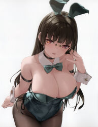 Rule 34 | 1girl, absurdres, alternate costume, animal ears, aqua leotard, bare shoulders, black hair, black pantyhose, blush, bow, bowtie, breasts, brown hair, choker, cleavage, collarbone, comiket 102, cowboy shot, detached collar, fake animal ears, glasses, highres, kantai collection, large breasts, leotard, long hair, looking at viewer, non-web source, open mouth, pantyhose, playboy bunny, rabbit ears, red eyes, rimless eyewear, rokuwata tomoe, scan, simple background, solo, strapless, strapless leotard, sweat, traditional bowtie, white background, wrist cuffs
