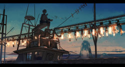 Rule 34 | 1boy, black pants, boat, boots, cigarette, cloud, creature, from behind, grey hair, holding, kukka, letterboxed, lights, original, outdoors, pants, shirt, short hair, sitting, sky, smoke, sunset, water, watercraft, white shirt, wind