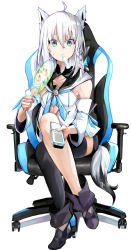 Rule 34 | 1girl, absurdres, animal ears, bare shoulders, blue neckerchief, boots, braid, chair, commentary request, controller, crossed legs, detached sleeves, drinking, fox ears, fox girl, fox tail, gaming chair, green eyes, hair between eyes, hand fan, highres, holding, holding remote control, hololive, huge filesize, looking at viewer, naguraya naikai, neckerchief, paper fan, remote control, shirakami fubuki, shirakami fubuki (1st costume), shirt, sidelocks, simple background, single braid, single thighhigh, sitting, solo, sweat, swivel chair, tail, thighhighs, virtual youtuber, white background, white hair, white shirt, white sleeves