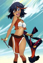 Rule 34 | 1girl, absurdres, artist request, bare shoulders, black hair, blue eyes, bob cut, bracelet, breasts, cleavage, cloud, company connection, cosplay, cross-laced sandals, crossover, dark-skinned female, dark skin, day, derivative work, earrings, fushigi no umi no nadia, gainax, hair ornament, hairclip, happy, highres, hoop earrings, jewelry, kill la kill, loincloth, looking at viewer, lots of jewelry, matoi ryuuko, medium breasts, midriff, multicolored hair, nadia la arwall, nadia la arwall (cosplay), navel, neck ring, necklace, non-web source, open mouth, parody, pelvic curtain, red hair, senketsu, short hair, sky, smile, solo, streaked hair, trigger (company), vest