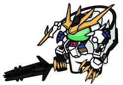 Rule 34 | among us, crewmate (among us), crossover, fusion, gundam, gundam barbatos, gundam barbatos lupus rex, gundam tekketsu no orphans, highres, holding, holding weapon, looking ahead, mecha, mechanical tail, open hand, robot, tail, v-fin, visor, weapon, white background, zexas