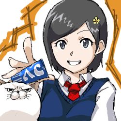 Rule 34 | 1girl, ac japan, animal, anon, artist request, black eyes, black hair, blue sweater, can, cat, cat (ac japan), collared shirt, drink can, flower, hair flower, hair ornament, hairclip, hairpin, holding, holding can, jaggy lines, long sleeves, looking at viewer, lowres, necktie, oekaki, outstretched hand, red necktie, school uniform, schoolgirl (ac japan), shirt, short hair, simple background, smile, soda, soda can, solo, sweater, swept bangs, white background, white cat, white shirt, yellow flower