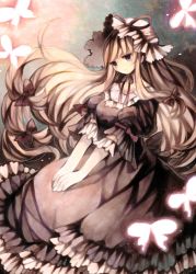 Rule 34 | 1girl, armband, bad id, bad pixiv id, blonde hair, bow, breasts, bug, butterfly, choker, dress, expressionless, frilled dress, frills, gradient background, hair bow, hands on lap, hat, hat ribbon, highres, insect, light particles, long hair, looking at viewer, medium breasts, mob cap, muted color, namakuby, puffy short sleeves, puffy sleeves, purple dress, purple eyes, ribbon, ribbon choker, short sleeves, sitting, solo, touhou, v arms, very long hair, yakumo yukari