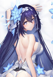 Rule 34 | 1girl, ass, back, backless dress, backless outfit, bare arms, bare back, bare shoulders, blue flower, blue hair, breasts, commentary request, dress, flower, from behind, hair flower, hair ornament, highres, honkai (series), honkai impact 3rd, large breasts, long hair, looking at viewer, looking back, panties, parted lips, purple eyes, purple hair, seele vollerei, seele vollerei (herrscher of rebirth), shoulder blades, smile, solo, underwear, upper body, very long hair, white dress, xfate