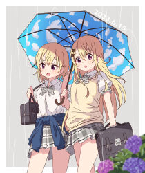Rule 34 | 2girls, :o, bag, black bag, blonde hair, blue sweater, bow, bowtie, breasts, carrying, carrying bag, clothes around waist, collared shirt, commentary request, cowboy shot, dated, flower, gochuumon wa usagi desu ka?, grey background, grey bow, grey bowtie, grey skirt, highres, holding, holding umbrella, jinja eru, jinja natsume, long hair, looking at viewer, miniskirt, mohei, multiple girls, open mouth, plaid, plaid bow, plaid bowtie, plaid skirt, pleated skirt, puffy short sleeves, puffy sleeves, rain, school uniform, shared umbrella, shirt, short hair, short sleeves, sidelocks, simple background, skirt, small breasts, standing, sweater, sweater around waist, sweater vest, umbrella, white shirt, yellow sweater