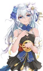 Rule 34 | 1girl, absurdres, bare shoulders, blue eyes, blue flower, chinese clothes, closed mouth, earrings, feigongshishou, flower, hair between eyes, hair flower, hair ornament, highres, honkai (series), honkai impact 3rd, jewelry, long hair, looking at viewer, simple background, smile, solo, theresa apocalypse, zhuge kongming (honkai impact), white background, white flower, white hair, white legwear, zhuge kongming (honkai impact)