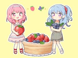 Rule 34 | 2girls, :d, bang dream!, bd ayknn, blue hair, blueberry, blush, collared dress, commentary request, dress, food, frilled dress, frilled sleeves, frills, fruit, full body, grey dress, hair down, hair ribbon, hairband, holding, holding food, holding fruit, light blue hair, long hair, lying, maruyama aya, matsubara kanon, mini person, minigirl, multiple girls, on side, open mouth, outline, pinafore dress, pink eyes, pink hair, plaid, plaid dress, purple eyes, red footwear, red ribbon, ribbon, short sleeves, sidelocks, simple background, sleeveless, sleeveless dress, smile, standing, strawberry, striped clothes, striped dress, tart (food), unmoving pattern, white footwear, white hairband, white outline, yellow background