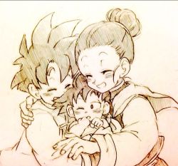 Rule 34 | 1girl, 2boys, baby, brothers, chi-chi (dragon ball), child, chinese clothes, clenched hands, closed eyes, dragon ball, dragonball z, family, happy, hug, monochrome, mother and son, multiple boys, one eye closed, short hair, siblings, sleepy, smile, son gohan, son goten, tkgsize, traditional media