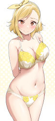Rule 34 | 1girl, armpit crease, arms behind back, blonde hair, blush, bow, bra, breasts, cleavage, closed mouth, collarbone, floral print, hair bow, highres, large breasts, looking at viewer, love live!, love live! nijigasaki high school idol club, miyashita ai, navel, orange eyes, panties, polka dot, polka dot background, short hair, simple background, smile, solo, stomach, swept bangs, underwear, underwear only, white background, white bra, white panties, yellow bow, yopparai oni