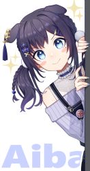 Rule 34 | 1girl, aiba uiha, animal ears, black hair, blue eyes, blush stickers, bow, braid, character name, dog ears, earrings, ears down, fingernails, hair bow, hair ornament, hairclip, hands up, highres, jewelry, konogi nogi, long sleeves, looking at viewer, nail art, nail polish, nijisanji, off-shoulder sweater, off shoulder, overalls, peeking out, purple nails, smile, solo, sparkle, star (symbol), star in eye, sweater, symbol in eye, twintails, virtual youtuber
