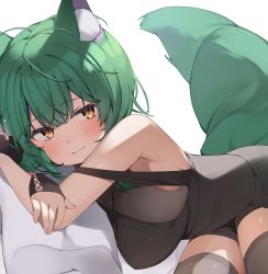 Rule 34 | 1girl, :t, animal ear fluff, animal ears, bare arms, black dress, black gloves, black shorts, black thighhighs, blush, breasts, closed mouth, commentary request, commission, cowboy shot, dress, fingerless gloves, gloves, green hair, highres, large breasts, long hair, looking at viewer, lying, on side, original, pillow, red eyes, shin no tenpii, short shorts, shorts, simple background, skeb commission, sleeveless, sleeveless dress, slit pupils, solo, tail, thighhighs, white background