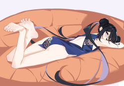 Rule 34 | 1girl, absurdres, barefoot, black hair, blue archive, blush, bob (pixiv49522586), chinese clothes, couch, double bun, feet, hair bun, highres, kisaki (blue archive), long hair, looking at viewer, lying, on stomach, soles, toes, twintails