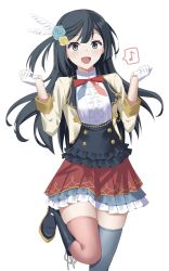 Rule 34 | 1girl, aqua flower, aqua rose, artist name, artist request, asymmetrical legwear, beige jacket, black footwear, black hair, black legwear, blue hair, blue neckwear, blush, boots, bow, bowtie, breasts, brown jacket, center frills, chase (love live!), clenched hands, collared shirt, cropped jacket, cross-laced footwear, dark blue hair, dress, dress shirt, feather hair ornament, feathers, female focus, flower, flower print, frilled dress, frilled skirt, frills, gloves, grey eyes, hair flower, hair ornament, half gloves, highres, jacket, light brown jacket, long hair, looking at viewer, love live!, love live! nijigasaki high school idol club, love live! school idol festival, medium breasts, miniskirt, mismatched legwear, musical note, necktie, nijigasaki school uniform, parted lips, pink legwear, pink neckwear, plaid, plaid skirt, pleated, pleated skirt, ponytail, red bow, red neckwear, red skirt, rose, school uniform, shirt, side ponytail, skirt, smile, solo, standing, standing on one leg, two-tone skirt, white background, white feathers, white gloves, white shirt, yellow flower, yellow jacket, yellow rose, yuki setsuna (love live!)