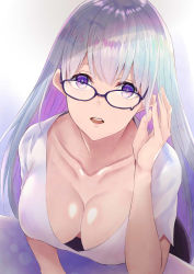 Rule 34 | 1girl, black-framed eyewear, breasts, cleavage, collarbone, commentary request, glasses, gradient background, grey background, hand up, large breasts, long hair, looking at viewer, nabeshima tetsuhiro, open mouth, original, purple background, purple eyes, shirt, short sleeves, silver hair, solo, very long hair, white shirt