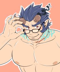 Rule 34 | 1boy, bara, black-framed eyewear, blue hair, blush, broken horn, completely nude, demon boy, demon horns, facial hair, fang, fiery horns, forked eyebrows, highres, horns, large pectorals, long sideburns, looking at viewer, male focus, muscular, muscular male, nipples, nude, pectorals, penis, pointy ears, porkjinta, red eyes, scar, scar on neck, short hair, sideburns, simple background, solo, stubble, takemaru (housamo), thick eyebrows, tokyo houkago summoners