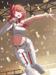 Rule 34 | 1girl, absurdres, asymmetrical shirt, belt, breasts, concert, confetti, contrapposto, crop top, crowd, earrings, glowstick, gradient hair, grey belt, hair ornament, hairclip, heart, heart earrings, highres, holding, holding microphone, hololive, hololive dev is, holster, ichijou ririka, jewelry, jwk76806995, large breasts, long hair, microphone, midriff, multicolored hair, music, narrow waist, navel, open mouth, orange eyes, orange hair, outstretched arm, pants, red eyes, red hair, shirt, singing, single bare shoulder, single sleeve, solo focus, stage, stage lights, stomach, toned, two side up, virtual youtuber, white pants, white shirt