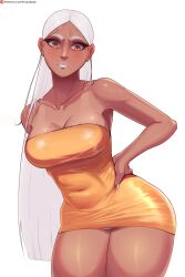 Rule 34 | 1girl, absurdres, angry, breasts, brown eyes, dress, fraankyy, freckles, hand on own hip, highres, large breasts, lipstick, looking at viewer, makeup, medium breasts, original, panties, solo, thick thighs, thighs, underwear, white hair, white lips, wide hips