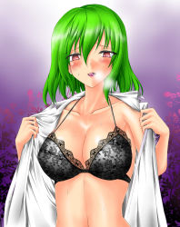 Rule 34 | 1girl, black bra, blush, body blush, bra, breasts, cleavage, collarbone, dress shirt, female focus, gradient background, green hair, kazami yuuka, lace, lace-trimmed bra, lace trim, large breasts, licking lips, lingerie, open clothes, open shirt, red eyes, shirt, short hair, solo, sweat, tongue, tongue out, touhou, underwear, undressing, yamamoto arifred