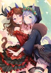 Rule 34 | 2girls, absurdres, animal ears, black thighhighs, blue eyes, breasts, brown hair, chizoku sawa, cleavage, cloak, commission, dress, ear covers, eye contact, frilled dress, frills, glomp, grey hair, highres, horse ears, horse girl, horse tail, hug, king halo (take part in a waltz this evening) (umamusume), lace, lace-trimmed legwear, lace-trimmed thighhighs, lace trim, long sleeves, looking at another, medium breasts, multiple girls, red dress, red eyes, seiun sky (let&#039;s dye the country red tomorrow) (umamusume), seiun sky (umamusume), short dress, short hair, skeb commission, small breasts, tail, thighhighs, umamusume