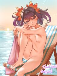 Rule 34 | 1girl, absurdres, artist name, barefoot, beach, beach chair, breasts, censored, chair, commission, completely nude, fingernails, flower, hair flower, hair ornament, highres, horizon, hugging own legs, kaze fukeba nanashi, long fingernails, looking at viewer, mole, mole under eye, mosaic censoring, nail polish, navel, nipples, nude, ocean, pink nails, purple eyes, purple hair, skeb commission, small breasts, smile, solo, sun, sunset, symonne (tales), tales of (series), tales of zestiria, thank you, toenail polish, toenails, toes, twintails