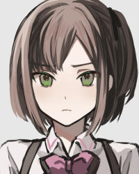 Rule 34 | 1girl, amamiya sophia seren, assault lily, black ribbon, bow, bowtie, brown hair, closed mouth, collared shirt, commentary, frown, green eyes, grey background, hair ribbon, highres, looking at viewer, one side up, pink bow, pink bowtie, portrait, ribbon, school uniform, shirt, short hair, simple background, sketch, solo, suspenders, swept bangs, tareko, white shirt