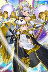 Rule 34 | 1girl, aries qianyu, arm guards, armor, armored skirt, armpits, artificial wings, bare shoulders, belt, belt buckle, bikini armor, black skirt, breasts, buckle, cleavage, cleavage cutout, clenched hand, clothing cutout, detached sleeves, duel monster, feet out of frame, gem, gold armor, green gemstone, grey hair, highres, holding, holding shield, holding weapon, humanization, kneehighs, long hair, medium breasts, midriff, navel, number 39 utopia, open mouth, orange eyes, pelvic curtain, ponytail, shield, shin guards, skirt, socks, solo, standing, sword, thighs, weapon, white armor, yu-gi-oh!