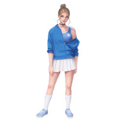 Rule 34 | 1girl, arms at sides, artist name, bell, blonde hair, blue cardigan, blue eyes, blue footwear, blue tank top, cardigan, choker, collarbone, contrapposto, full body, hair bun, hooded cardigan, miniskirt, neck bell, off shoulder, open clothes, original, pleated skirt, simple background, single hair bun, skirt, sleeves pushed up, solo, standing, tank top, umigraphics, white background, white legwear, white skirt