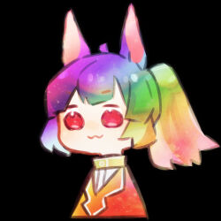 Rule 34 | 1girl, :3, ahoge, animal ears, black background, blonde hair, closed mouth, commentary request, dog ears, green hair, harvest fes, jacket, librarian (project moon), library of ruina, long hair, multicolored clothes, multicolored jacket, no nose, ponytail, project moon, purple hair, rainbow, red eyes, red hair, shirt, simple background, solo, white shirt
