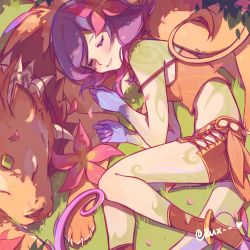 Rule 34 | 2girls, absurdres, bare shoulders, blue hair, blush, breasts, claws, closed eyes, closed mouth, fangs, flower, hair flower, hair ornament, highres, league of legends, lying, multicolored hair, multiple girls, neeko (league of legends), nidalee, on back, pink flower, pink hair, ruan chen yue, signature, sleeping, smile, tail, vastaya
