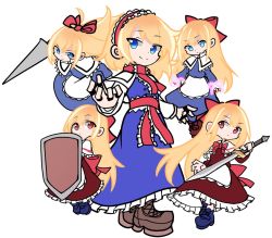 Rule 34 | 5girls, alice margatroid, blonde hair, blue dress, blue eyes, boots, bow, brown footwear, capelet, closed mouth, cross-laced footwear, dress, frilled hairband, frills, full body, hair bow, hairband, holding, holding shield, holding sword, holding weapon, hourai doll, lace-up boots, lolita hairband, long hair, multiple girls, puyopuyo, red bow, red dress, red eyes, red hairband, shanghai doll, shield, shinmon akika, short hair, simple background, smile, sword, touhou, weapon, white background, white capelet