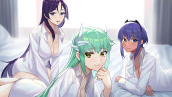 Rule 34 | 3girls, aqua hair, backlighting, beppu mitsunaka, blush, breasts, cleavage, closed mouth, collarbone, collared shirt, dark-skinned female, dark skin, dragon girl, dragon horns, dress shirt, fate/grand order, fate/prototype, fate/prototype: fragments of blue and silver, fate (series), hairband, hassan of serenity (fate), highres, horns, kiyohime (fate), large breasts, long hair, looking at viewer, lying, medium breasts, minamoto no raikou (fate), multiple girls, on stomach, open mouth, parted bangs, purple eyes, purple hair, shirt, short hair, sitting, smile, very long hair, wariza, white shirt, window, yellow eyes