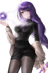 Rule 34 | 1girl, :&lt;, absurdres, alternate costume, black pantyhose, black shirt, black skirt, braid, breasts, bright pupils, brown cardigan, cardigan, cowboy shot, electricity, genshin impact, glowing, hand up, high-waist skirt, highres, large breasts, long hair, long sleeves, looking at viewer, low-braided long hair, low-tied long hair, mole, mole under eye, off shoulder, open cardigan, open clothes, pantyhose, pencil skirt, purple eyes, purple hair, raiden shogun, sheng zhidou, shirt, sidelocks, simple background, single braid, skirt, solo, taut clothes, taut shirt, thighs, tight clothes, turtleneck, very long hair, white background, white pupils, wristband
