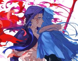 Rule 34 | 2boys, blue hair, bodypaint, capelet, closed mouth, cu chulainn (caster) (fate), cu chulainn (fate), cu chulainn (fate) (all), cu chulainn (fate/stay night), cu chulainn alter (fate), cu chulainn alter (fate/grand order), dark persona, earrings, facepaint, fate/grand order, fate (series), floating hair, fur-trimmed hood, fur trim, gae bolg (fate), hood, hood down, hood up, hooded capelet, hug, iz izhara, jewelry, lancer, long hair, male focus, multiple boys, multiple persona, muscular, ponytail, red eyes, spiked hair, topless male, type-moon, veins