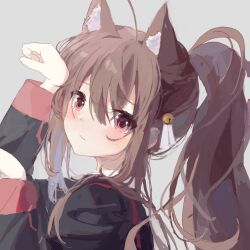 Rule 34 | 1girl, :3, ahoge, animal ear fluff, animal ears, bell, black jacket, blush, brown hair, cat ears, close-up, closed mouth, commentary request, extra ears, eyes visible through hair, from side, grey background, hair bell, hair between eyes, hair ornament, hair over shoulder, hands up, highres, jacket, little busters!, long hair, long sleeves, looking at viewer, natsume rin, nujii, paw pose, ponytail, red eyes, school uniform, sidelocks, simple background, solo