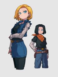 Rule 34 | 1boy, 1girl, android 17, android 18, bandana, black hair, black shirt, blonde hair, blue eyes, blue jacket, blue pants, blue shorts, brother and sister, denim, dragon ball, dragonball z, earrings, grey background, jacket, jeans, jewelry, kemachiku, pants, red bandana, red ribbon army, shirt, short hair, shorts, siblings, simple background, twins, white sleeves