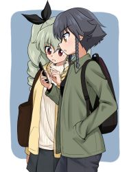 Rule 34 | 2girls, anchovy (girls und panzer), backpack, bad id, bad pixiv id, bag, black hair, black pants, black ribbon, black shirt, black skirt, blue background, braid, brown eyes, brown jacket, casual, cellphone, commentary, cowboy shot, drill hair, from side, girls und panzer, green hair, hair ribbon, hair tie, hand in pocket, highres, holding, holding phone, jacket, long hair, long sleeves, miniskirt, multiple girls, open clothes, open jacket, open mouth, outside border, pants, pepperoni (girls und panzer), phone, pleated skirt, pointing, red eyes, ribbed sweater, ribbon, rounded corners, ruka (piyopiyopu), shirt, short hair, side braid, skirt, smartphone, standing, sweater, turtleneck, twin drills, twintails, white sweater, yellow jacket