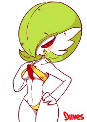 Rule 34 | 1girl, animated, animated gif, artist name, bikini, blush, bouncing breasts, breasts, creatures (company), diives, female focus, game freak, gardevoir, gen 3 pokemon, green hair, hair over one eye, half-closed eyes, hand on own hip, hand up, heart, highres, looking at viewer, medium breasts, navel, nintendo, open mouth, pokemon, pokemon (creature), pokemon rse, red eyes, short hair, signature, simple background, solo, standing, swimsuit, text focus, underboob, white background, yellow bikini
