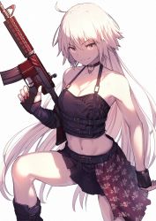 1girl absurdres armpits assault_rifle bare_shoulders black_choker black_shirt black_skirt breasts brown_eyes choker cleavage closed_mouth crop_top fate/grand_order fate_(series) gun halterneck halterneck highres holding holding_gun holding_weapon huge_filesize jeanne_d&#039;arc_(fate) jeanne_d&#039;arc_alter_(avenger)_(fate) jeanne_d&#039;arc_alter_(fate) knee_up long_hair looking_at_viewer m4_carbine medium_breasts midriff miniskirt nail_polish nakanishi_tatsuya navel pleated_skirt red_nails rifle shirt simple_background skirt sleeveless sleeveless_shirt solo trigger_discipline v-shaped_eyebrows very_long_hair weapon white_background white_hair