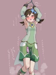 Rule 34 | 1girl, armpits, arms up, blue flower, blue gemstone, blush, bound, breasts, brown eyes, brown footwear, brown hair, chain, controller, creatures (company), crying, cuffs, detached sleeves, drooling, female focus, flower, game freak, gem, green shirt, green shorts, green sleeves, hair flower, hair ornament, hairband, half-closed eyes, heart, heart-shaped pupils, heavy breathing, highres, japanese text, jewelry, knees together feet apart, long sleeves, lyra (pokemon), lyra (sygna suit) (pokemon), matching hair/eyes, medium hair, neck ring, nintendo, open mouth, pee, peeing, peeing self, pokemon, pokemon masters ex, red background, remote control, remote control vibrator, saliva, sandals, sex toy, shackles, shirt, short shorts, shorts, simple background, sleeveless, sleeveless shirt, small breasts, solo, spoken heart, standing, steam, symbol-shaped pupils, tawasiupa, tears, translation request, twintails, vibrator, vibrator cord, vibrator under clothes, wet, wet clothes, yellow hairband