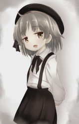 Rule 34 | 1girl, :d, arms behind back, beret, black bow, black hat, black ribbon, black skirt, blush, bow, brown eyes, brown hair, collared shirt, commentary request, fangs, hat, hatoba tsugu, head tilt, inyucchi, long sleeves, looking at viewer, mole, mole under eye, open mouth, pleated skirt, ribbon, shirt, skirt, smile, solo, suspender skirt, suspenders, virtual youtuber, white shirt