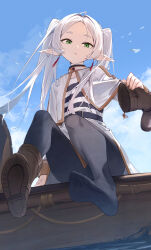 Rule 34 | 1girl, 7gao, absurdres, black pantyhose, boat, capelet, elf, feet, floating hair, foot focus, frieren, green eyes, grey hair, highres, long hair, looking at viewer, outdoors, pantyhose, parted bangs, pointy ears, shoes, simple bird, single shoe, sitting, soles, solo, sousou no frieren, toes, twintails, very long hair, watercraft, white capelet