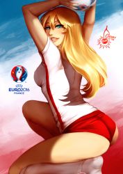 Rule 34 | 1girl, arms up, artist name, ass, ball, blonde hair, breasts, buruma, cherry in the sun, dated, euro 2016, from side, green eyes, grin, hair between eyes, holding, holding ball, knee up, kneehighs, lips, logo, long hair, looking at viewer, looking back, medium breasts, no shoes, on one knee, original, parted bangs, poland, shadow, shirt, short sleeves, single vertical stripe, skin tight, smile, soccer, soccer ball, soccer uniform, socks, solo, sportswear, spread legs, trophy, white shirt, white socks
