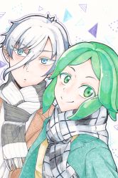Rule 34 | 2others, alternate costume, androgynous, antarcticite, bad id, bad pixiv id, blue eyes, coat, colored eyelashes, contemporary, green eyes, green hair, highres, houseki no kuni, long bangs, looking at viewer, multiple others, phosphophyllite, scarf, short hair, smile, traditional media, upper body, white hair, winter clothes