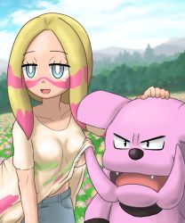 Rule 34 | 1girl, accident, accidental exposure, artist request, blonde hair, blue eyes, breasts, clothes lift, cloud, clueless, collar, creatures (company), facepaint, fangs, flower, game freak, gen 2 pokemon, granbull, half-closed eyes, headpat, highres, long hair, medium breasts, midriff peek, mina (pokemon), motion lines, nintendo, no bra, open mouth, outdoors, paint, plant, pokemon, pokemon (creature), pokemon sm, shirt lift, sky, smile, standing, tree, tusks, underboob