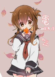 Rule 34 | 1girl, anchor symbol, artist name, black sailor collar, black skirt, brown eyes, brown hair, cowboy shot, dated, folded ponytail, fujii rino, inazuma (kancolle), kantai collection, leaf, long hair, long sleeves, looking at viewer, maple leaf, neckerchief, one-hour drawing challenge, pleated skirt, red neckerchief, sailor collar, sailor shirt, school uniform, serafuku, shirt, skirt, solo, white shirt