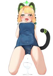 Rule 34 | 1girl, alternate costume, animal ear headphones, animal ears, blonde hair, blue archive, blue one-piece swimsuit, blush, bow, breasts, cat ear headphones, cat tail, commentary request, cup, drinking glass, dripping, fake animal ears, from below, green bow, green eyes, green halo, hair bow, halo, hand to own mouth, headphones, highres, kneeling, low-tied sidelocks, medium breasts, medium hair, midori (blue archive), old school swimsuit, one-piece swimsuit, open mouth, school swimsuit, simple background, solo, swimsuit, tail, teruisi, white background, wine glass