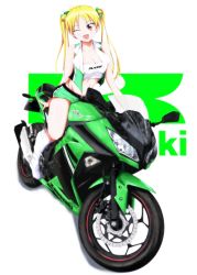 Rule 34 | 1girl, ;d, bakuon!!, bell, blonde hair, breasts, brown eyes, cleavage, commentary, full body, hair bell, hair ornament, highres, kawasaki ninja 250sl, large breasts, long hair, looking at viewer, mable, midriff, motor vehicle, motorcycle, one eye closed, open mouth, race queen, smile, solo, suzunoki rin, twintails, white background