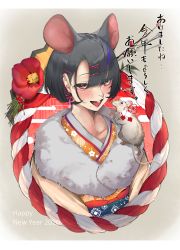 Rule 34 | 1girl, 2020, absurdres, animal, animal ears, animal on shoulder, black hair, blush, brown eyes, chinese zodiac, ear piercing, earrings, english text, floral print, flower, fur trim, hair ornament, half-closed eyes, happy new year, highres, japanese clothes, jewelry, kimono, kizukisai, mole, mole under mouth, mouse (animal), mouse ears, multicolored hair, new year, open mouth, original, piercing, pink lips, purple hair, red flower, short hair, smile, streaked hair, tongue, translation request, x hair ornament, year of the rat