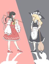 Rule 34 | 2girls, apron, ascot, black footwear, black hair, black skirt, black vest, blonde hair, bow, braid, broom, buttons, collar, cufflinks, dagak, detached sleeves, expressionless, frilled apron, frilled collar, frilled hair tubes, frilled hat, frilled skirt, frills, frown, gohei, grey background, hair bow, hair ribbon, hair tubes, hakurei reimu, hand on own hip, hat, highres, japanese clothes, kirisame marisa, legs, mary janes, medium hair, miko, multiple girls, neckwear request, nontraditional miko, patterned clothing, pink background, ponytail, puffy short sleeves, puffy sleeves, red bow, red footwear, red ribbon, red skirt, red vest, ribbon, sarashi, shadow, shoes, short sleeves, skirt, smile, socks, touhou, tress ribbon, turtleneck, two-tone background, vest, white sleeves, witch hat, wrist cuffs, yellow ascot