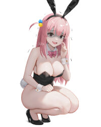 Rule 34 | 1girl, @ @, absurdres, animal ears, artist name, bare legs, black eyes, black leotard, blush, bocchi the rock!, bow, bowtie, breasts, cube hair ornament, detached collar, fake animal ears, fake tail, gotoh hitori, hair ornament, hand on own thigh, highleg, highleg leotard, highres, large breasts, leotard, long hair, looking at viewer, nervous smile, nervous sweating, one side up, pink bow, pink bowtie, pink hair, playboy bunny, rabbit ears, rabbit tail, regiana (jubi), scratching cheek, shaded face, simple background, smile, solo, strapless, strapless leotard, sweat, tail, thick thighs, thighs, trembling, wavy mouth, white background, wrist cuffs